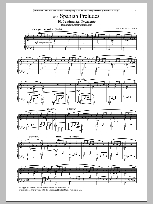 Miguel Manzano Spanish Preludes, 10. Sentimental Decadente (Decadent Sentimental Song) sheet music notes and chords arranged for Piano Solo