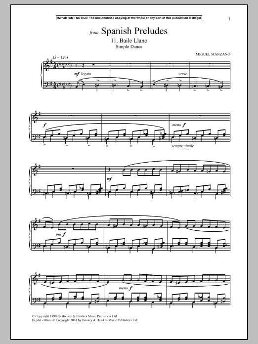 Miguel Manzano Spanish Preludes, 11. Baile Llano (Simple Dance) sheet music notes and chords arranged for Piano Solo