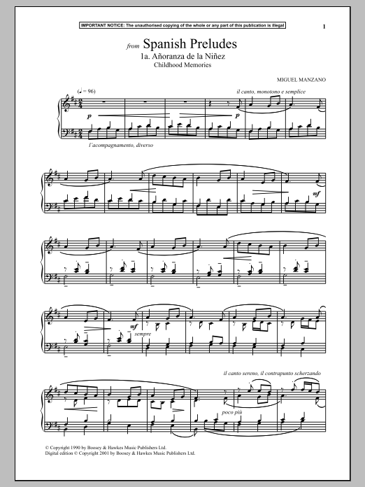 Miguel Manzano Spanish Preludes, 1a. Anoranza De La Ninez (Childhood Memories) sheet music notes and chords arranged for Piano Solo
