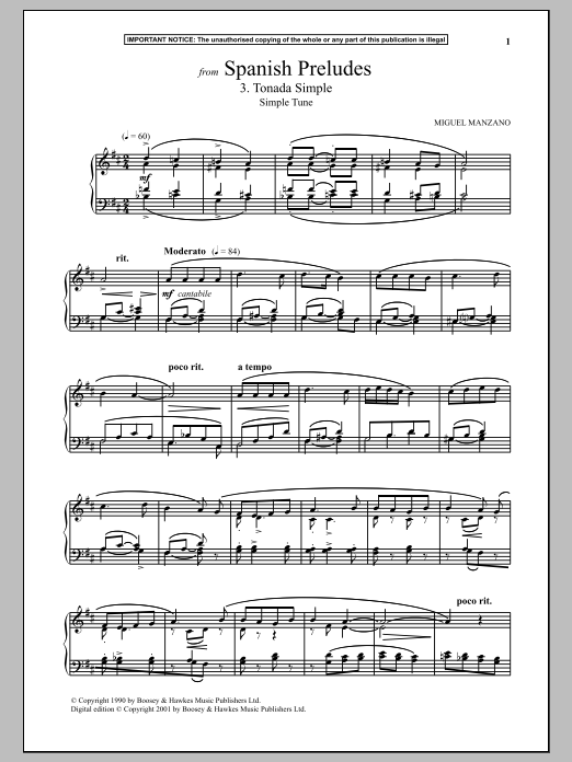 Miguel Manzano Spanish Preludes, 3. Tonada Simple (Simple Tune) sheet music notes and chords arranged for Piano Solo