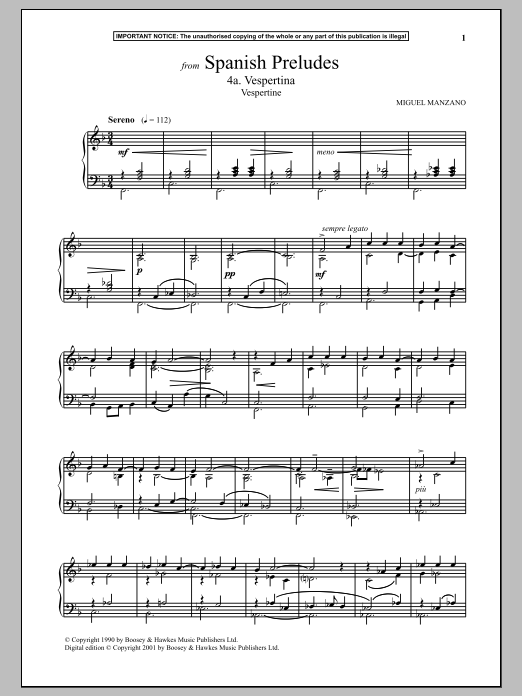 Miguel Manzano Spanish Preludes, 4a. Vespertina (Vespertine) sheet music notes and chords arranged for Piano Solo