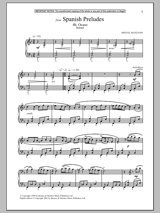 Miguel Manzano Spanish Preludes, 4b. Ocaso (Sunset) sheet music notes and chords arranged for Piano Solo