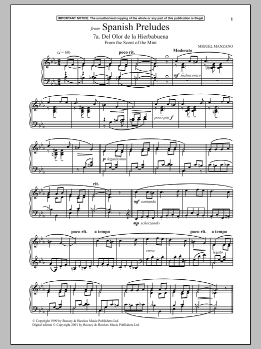 Miguel Manzano Spanish Preludes, 7a. Del Olor De La Hierbabuena (From The Scent Of The Mint) sheet music notes and chords arranged for Piano Solo