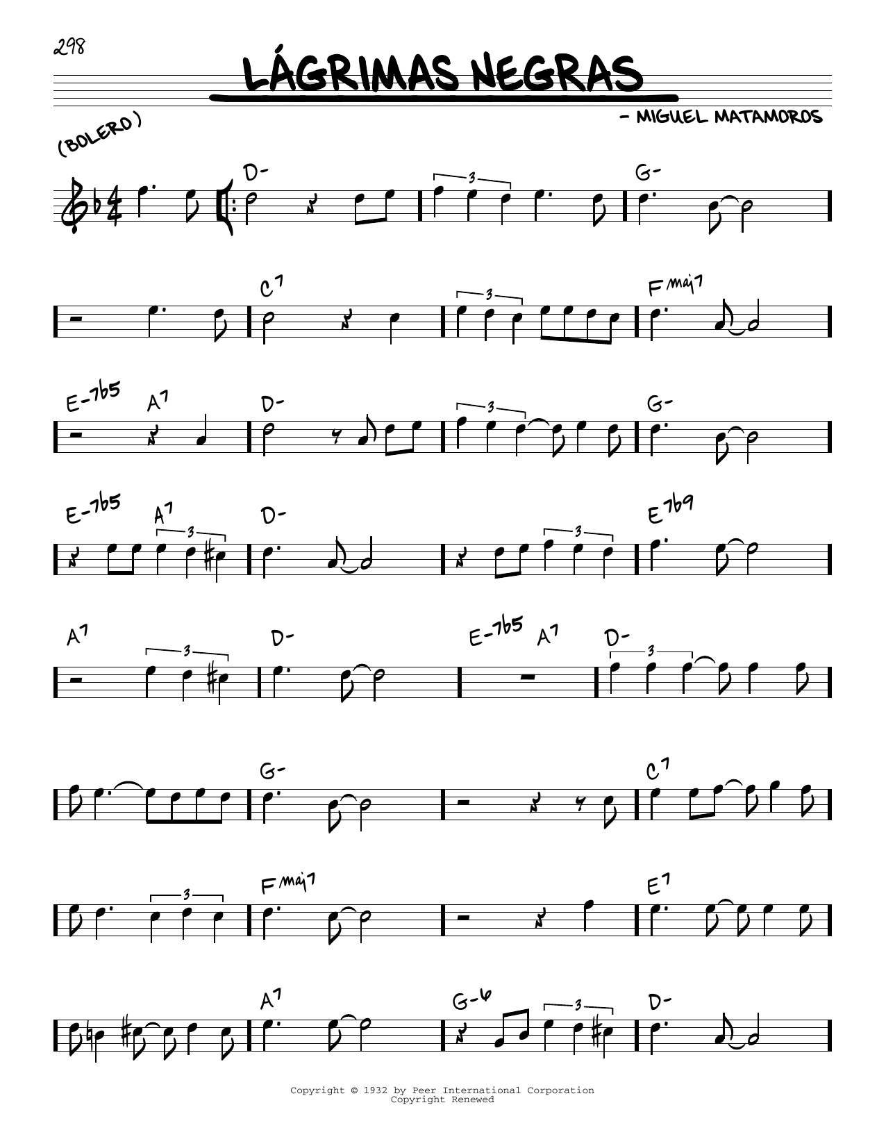 Miguel Matamoros Lagrimas Negras sheet music notes and chords arranged for Real Book – Melody & Chords