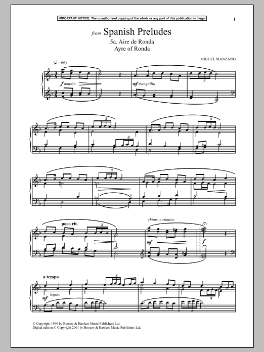 Miguel Manzano Spanish Preludes, 5a. Aire De Ronda (Ayre of Ronda) sheet music notes and chords arranged for Piano Solo