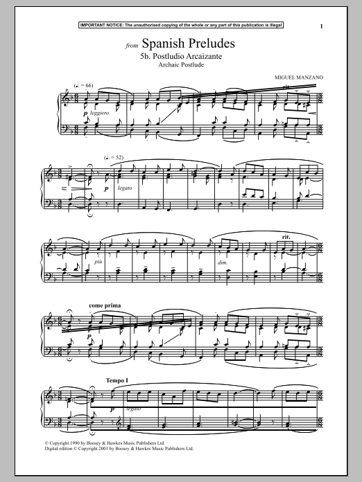 Miguel Manzano Spanish Preludes, 5b. Postludio Arcaizante (Archaic Postlude) sheet music notes and chords arranged for Piano Solo