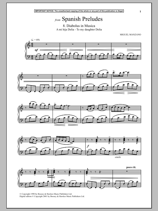 Miguel Manzano Spanish Preludes, 8. Diabolus In Musica sheet music notes and chords arranged for Piano Solo