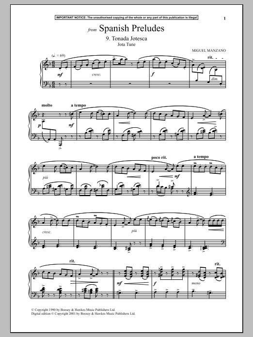 Miguel Manzano Spanish Preludes, 9. Tonada Jotesca (Jota Tune) sheet music notes and chords arranged for Piano Solo