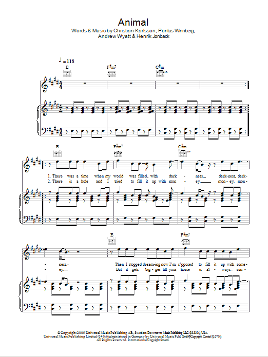 Miike Snow Animal sheet music notes and chords arranged for Piano, Vocal & Guitar Chords