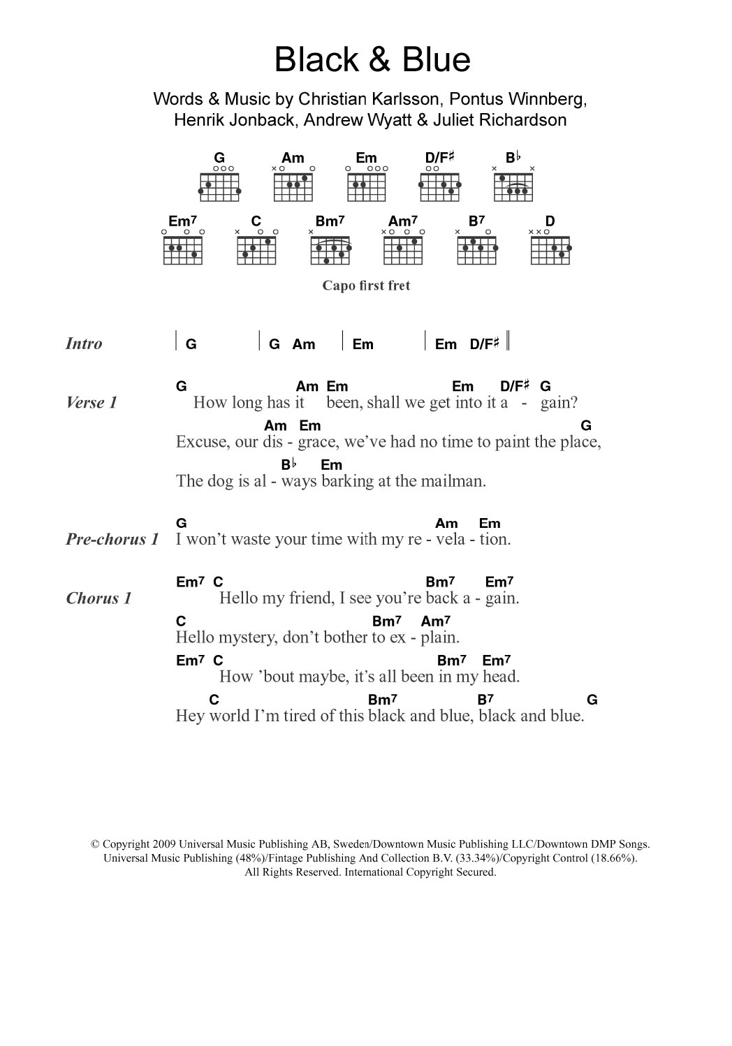 Miike Snow Black and Blue sheet music notes and chords arranged for Guitar Chords/Lyrics