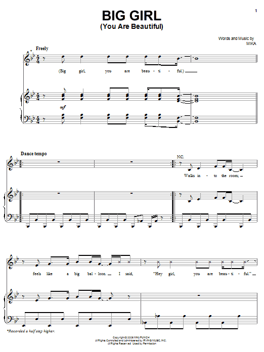 Mika Big Girl (You Are Beautiful) sheet music notes and chords arranged for Piano, Vocal & Guitar Chords (Right-Hand Melody)