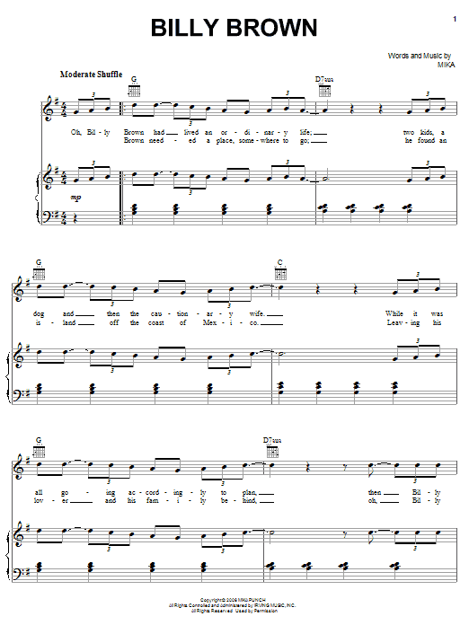 Mika Billy Brown sheet music notes and chords arranged for Piano, Vocal & Guitar Chords (Right-Hand Melody)
