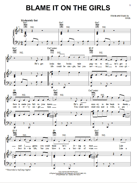 Mika Blame It On The Girls sheet music notes and chords arranged for Piano, Vocal & Guitar Chords (Right-Hand Melody)