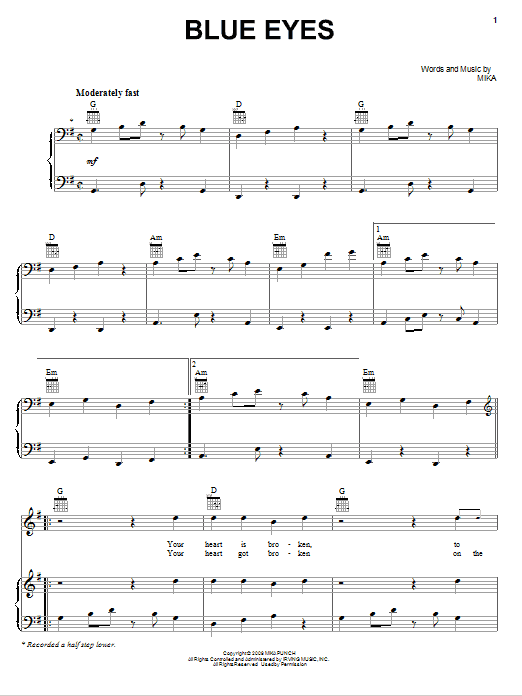 Mika Blue Eyes sheet music notes and chords arranged for Piano, Vocal & Guitar Chords (Right-Hand Melody)