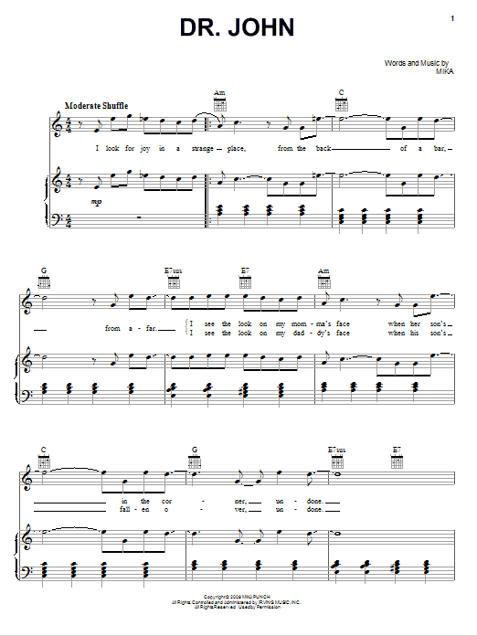 Mika Dr. John sheet music notes and chords arranged for Piano, Vocal & Guitar Chords (Right-Hand Melody)