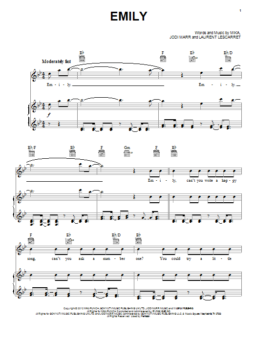 Mika Emily sheet music notes and chords arranged for Piano, Vocal & Guitar Chords (Right-Hand Melody)