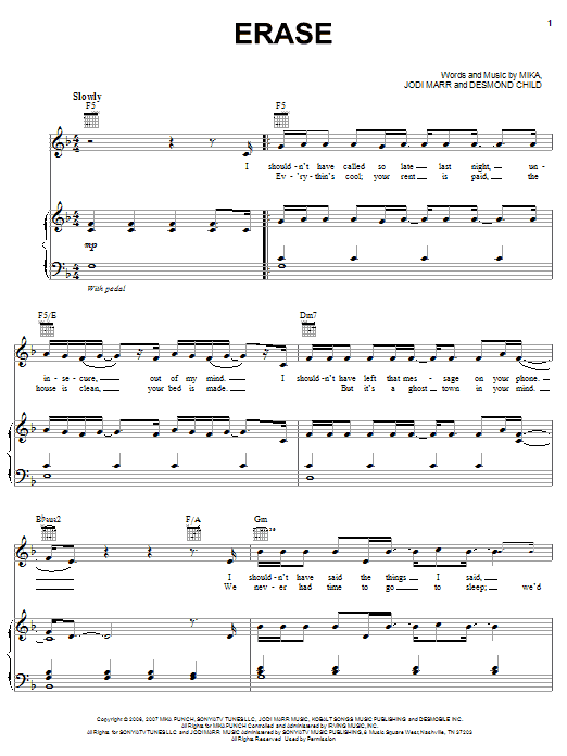Mika Erase sheet music notes and chords arranged for Piano, Vocal & Guitar Chords (Right-Hand Melody)