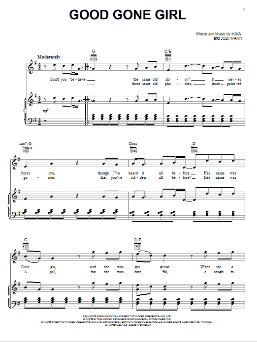 Mika Good Gone Girl sheet music notes and chords arranged for Piano, Vocal & Guitar Chords (Right-Hand Melody)