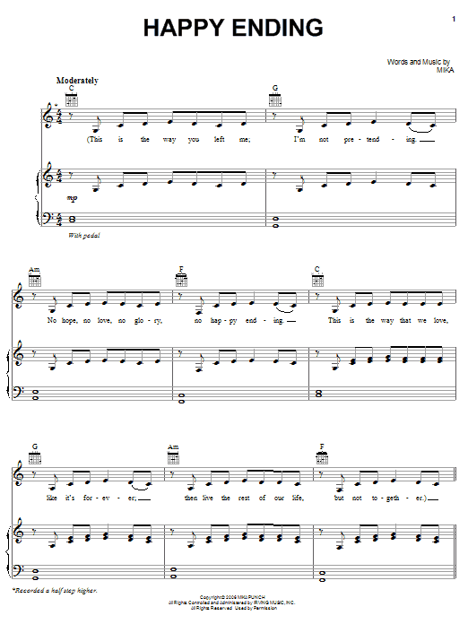Mika Happy Ending sheet music notes and chords arranged for Piano, Vocal & Guitar Chords (Right-Hand Melody)