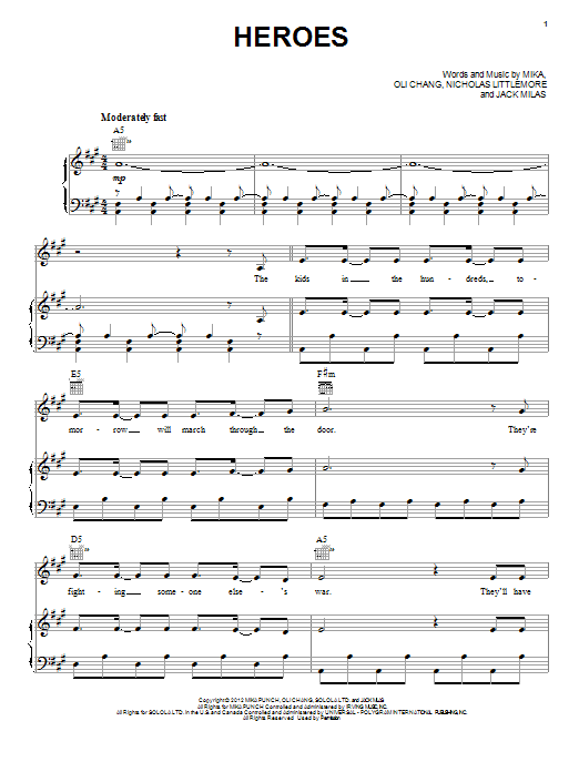 Mika Heroes sheet music notes and chords arranged for Piano, Vocal & Guitar Chords (Right-Hand Melody)