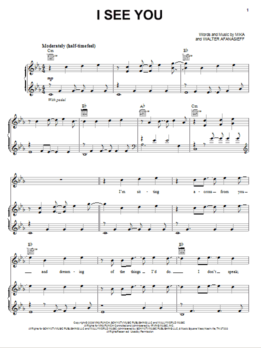 Mika I See You sheet music notes and chords arranged for Piano, Vocal & Guitar Chords (Right-Hand Melody)