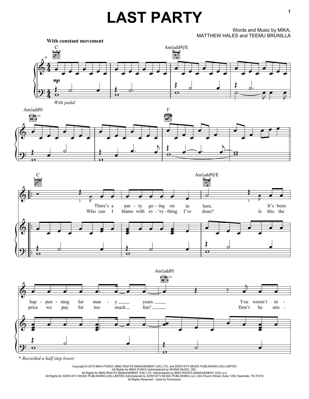 Mika Last Party sheet music notes and chords arranged for Piano, Vocal & Guitar Chords (Right-Hand Melody)