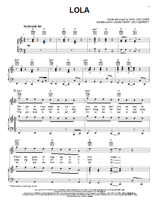 Mika Lola sheet music notes and chords arranged for Piano, Vocal & Guitar Chords (Right-Hand Melody)