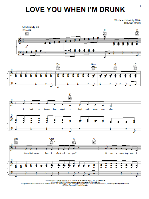 Mika Love You When I'm Drunk sheet music notes and chords arranged for Piano, Vocal & Guitar Chords (Right-Hand Melody)