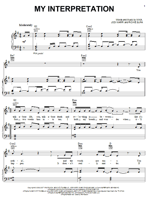 Mika My Interpretation sheet music notes and chords arranged for Piano, Vocal & Guitar Chords (Right-Hand Melody)