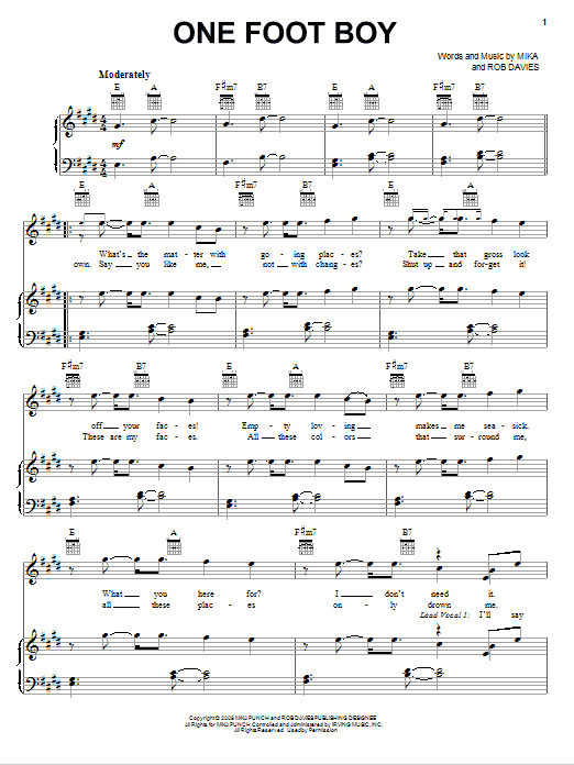 Mika One Foot Boy sheet music notes and chords arranged for Piano, Vocal & Guitar Chords (Right-Hand Melody)