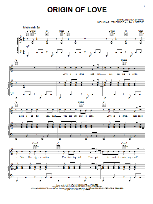 Mika Origin Of Love sheet music notes and chords arranged for Piano, Vocal & Guitar Chords (Right-Hand Melody)