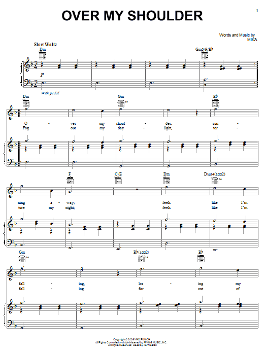 Mika Over My Shoulder sheet music notes and chords arranged for Piano, Vocal & Guitar Chords (Right-Hand Melody)