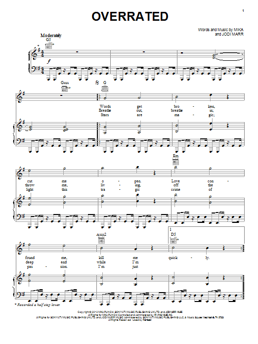 Mika Overrated sheet music notes and chords arranged for Piano, Vocal & Guitar Chords (Right-Hand Melody)