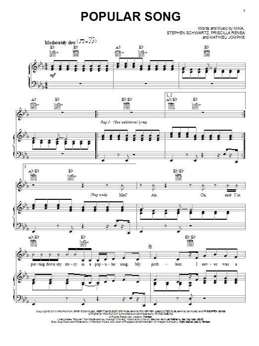 Mika Popular Song sheet music notes and chords arranged for Piano, Vocal & Guitar Chords (Right-Hand Melody)