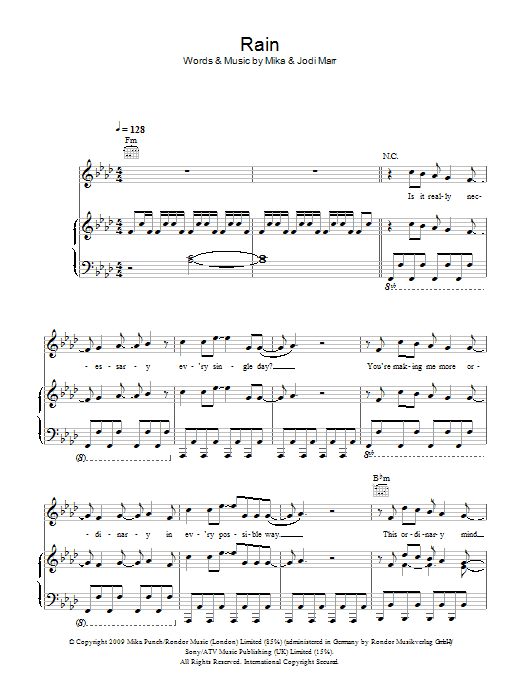 Mika Rain sheet music notes and chords arranged for Piano, Vocal & Guitar Chords (Right-Hand Melody)