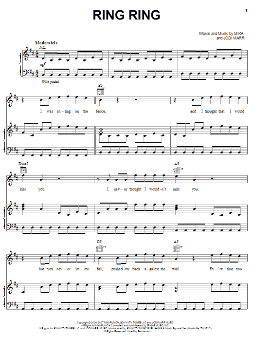 Mika Ring Ring sheet music notes and chords arranged for Piano, Vocal & Guitar Chords (Right-Hand Melody)