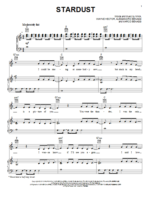 Mika Stardust sheet music notes and chords arranged for Piano, Vocal & Guitar Chords (Right-Hand Melody)