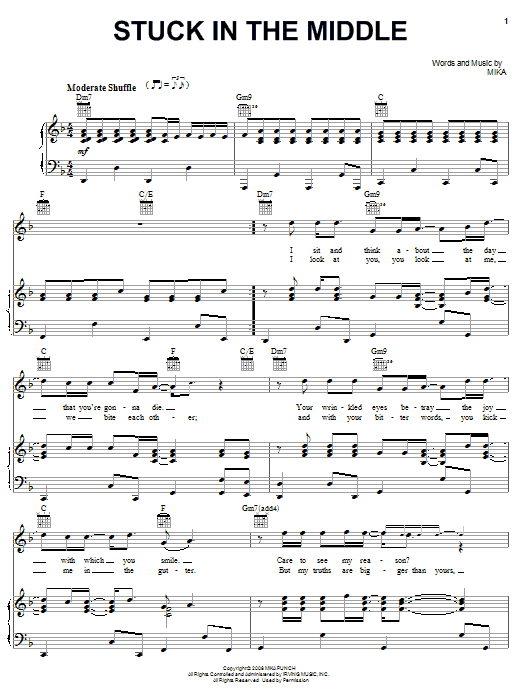 Mika Stuck In The Middle sheet music notes and chords arranged for Piano, Vocal & Guitar Chords (Right-Hand Melody)