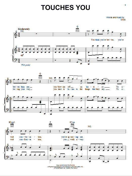 Mika Touches You sheet music notes and chords arranged for Piano, Vocal & Guitar Chords (Right-Hand Melody)