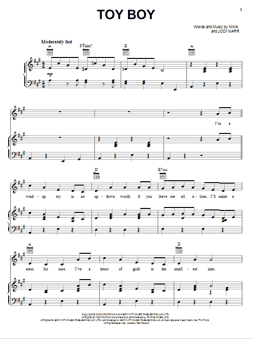 Mika Toy Boy sheet music notes and chords arranged for Piano, Vocal & Guitar Chords (Right-Hand Melody)