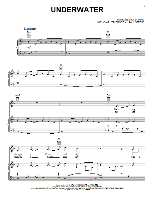 Mika Underwater sheet music notes and chords arranged for Piano, Vocal & Guitar Chords (Right-Hand Melody)