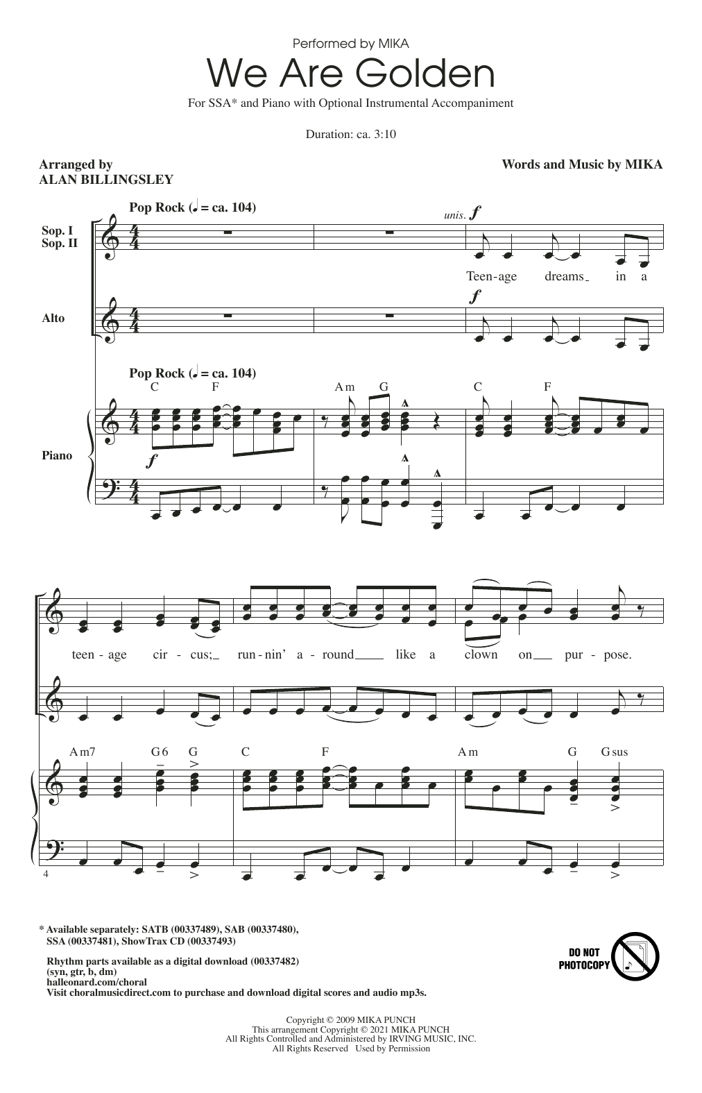 Mika We Are Golden (arr. Alan Billingsley) sheet music notes and chords arranged for SAB Choir