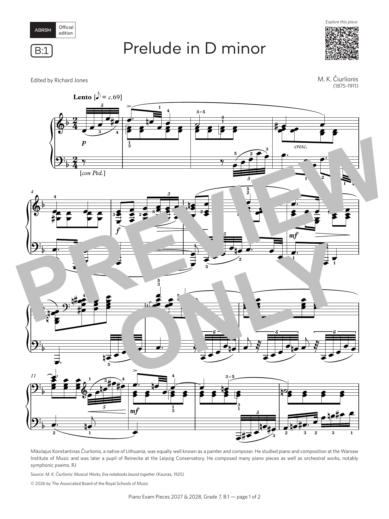 Mikalojus Konstantinas Ciurlionis Prelude in D minor (Grade 7, list B1, from the ABRSM Piano Syllabus 2027 & 2028) sheet music notes and chords arranged for Piano Solo