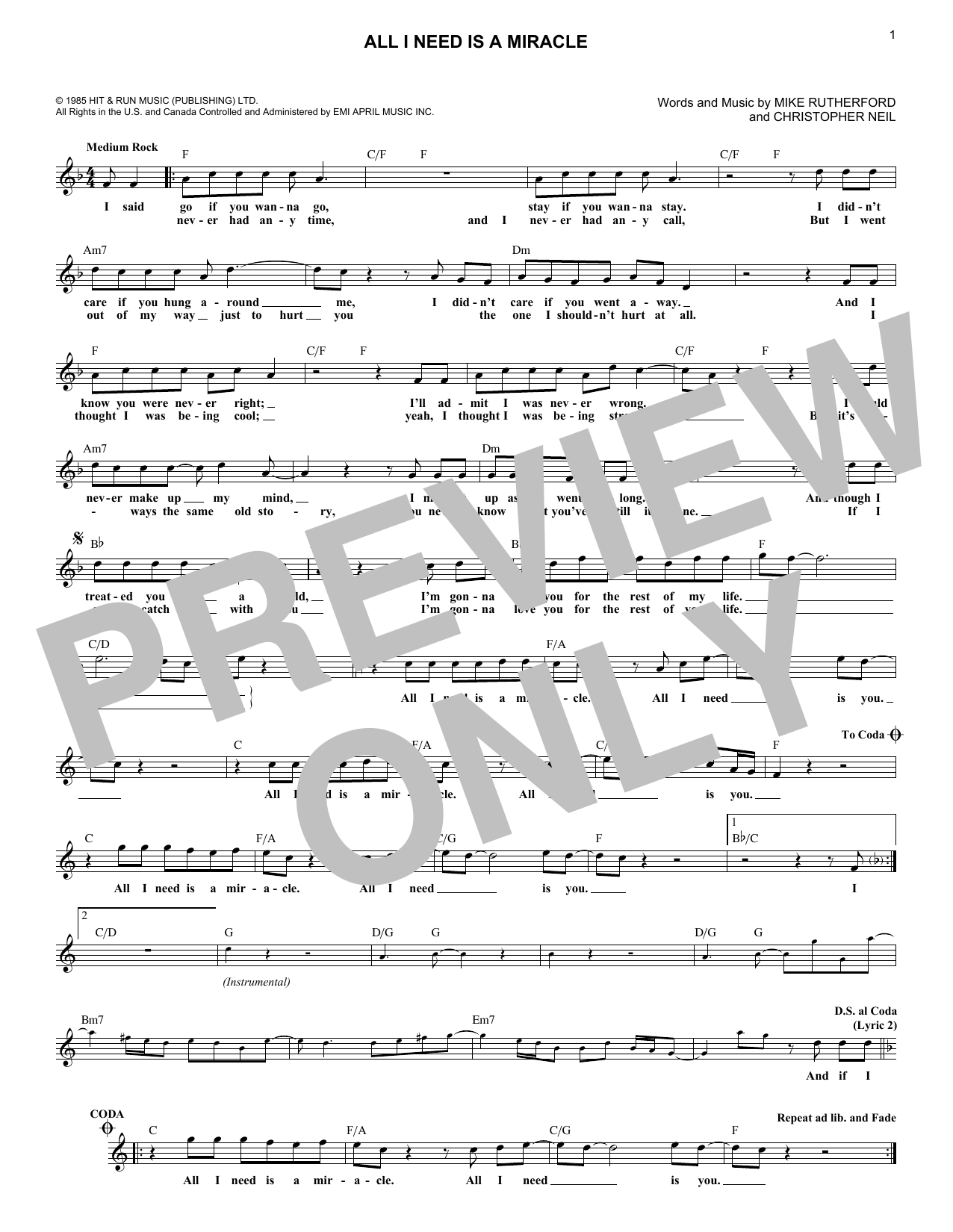 Mike & The Mechanics All I Need Is A Miracle sheet music notes and chords arranged for Piano, Vocal & Guitar Chords (Right-Hand Melody)