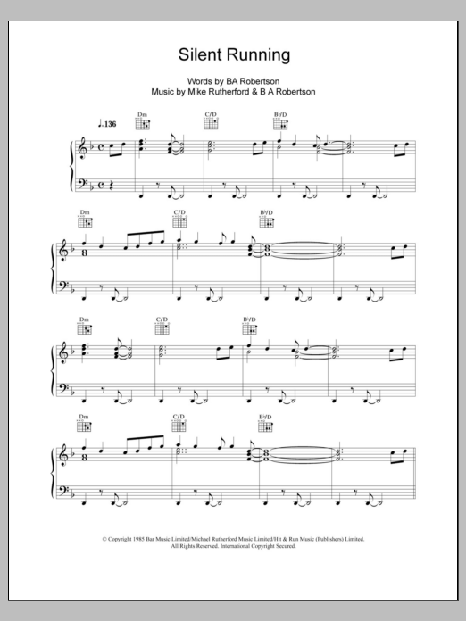 Mike + The Mechanics Silent Running sheet music notes and chords arranged for Piano, Vocal & Guitar Chords