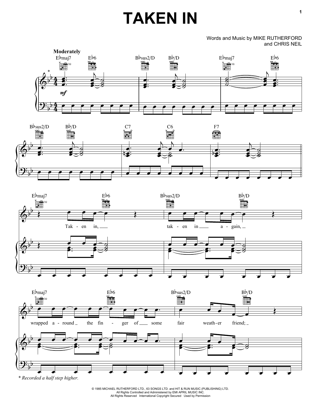 Mike + The Mechanics Taken In sheet music notes and chords arranged for Piano, Vocal & Guitar Chords (Right-Hand Melody)