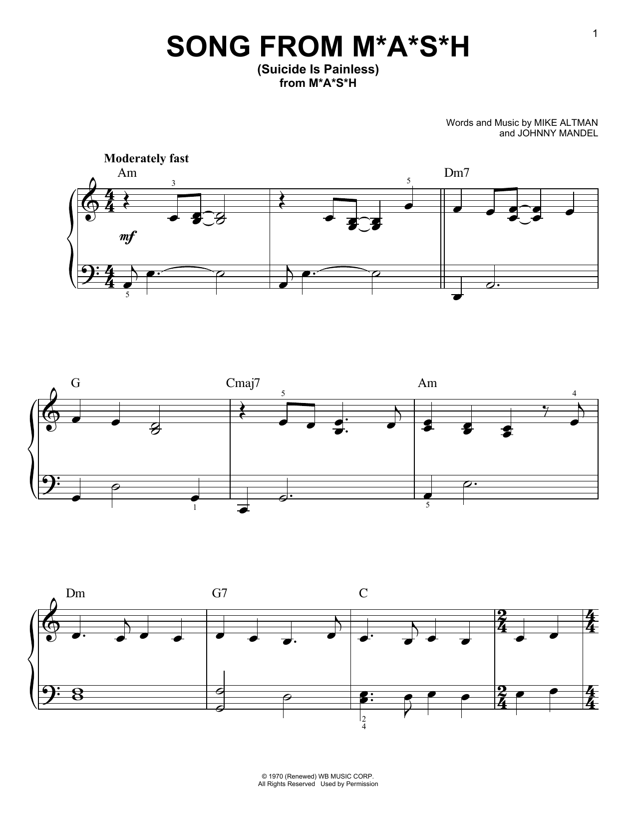 Mike Altman and Johnny Mandel Song From M*A*S*H (Suicide Is Painless) sheet music notes and chords arranged for Very Easy Piano