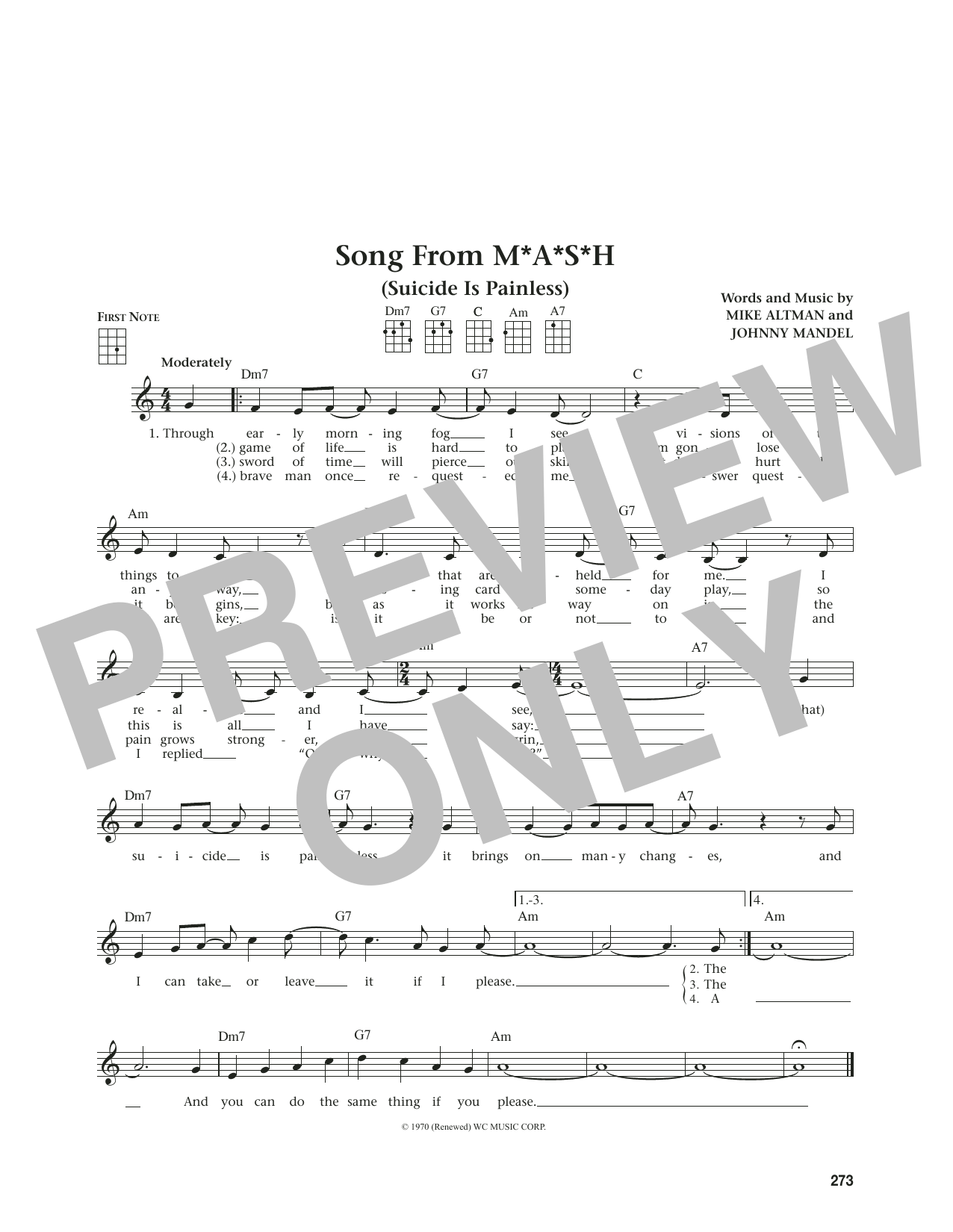 Mike Altman Song From M*A*S*H (Suicide Is Painless) (from The Daily Ukulele) (arr. Jim Beloff) sheet music notes and chords arranged for Ukulele