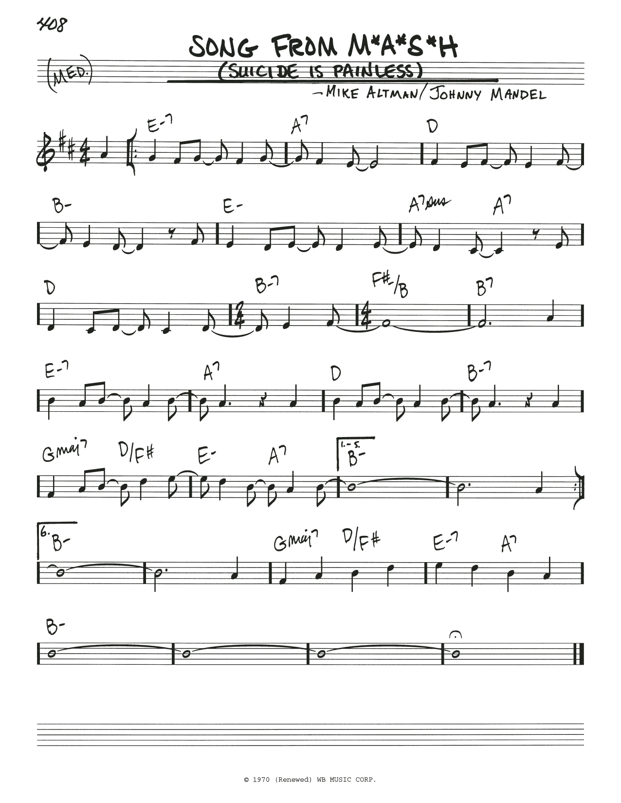 Mike Altman Song From M*A*S*H (Suicide Is Painless) sheet music notes and chords arranged for Real Book – Melody & Chords