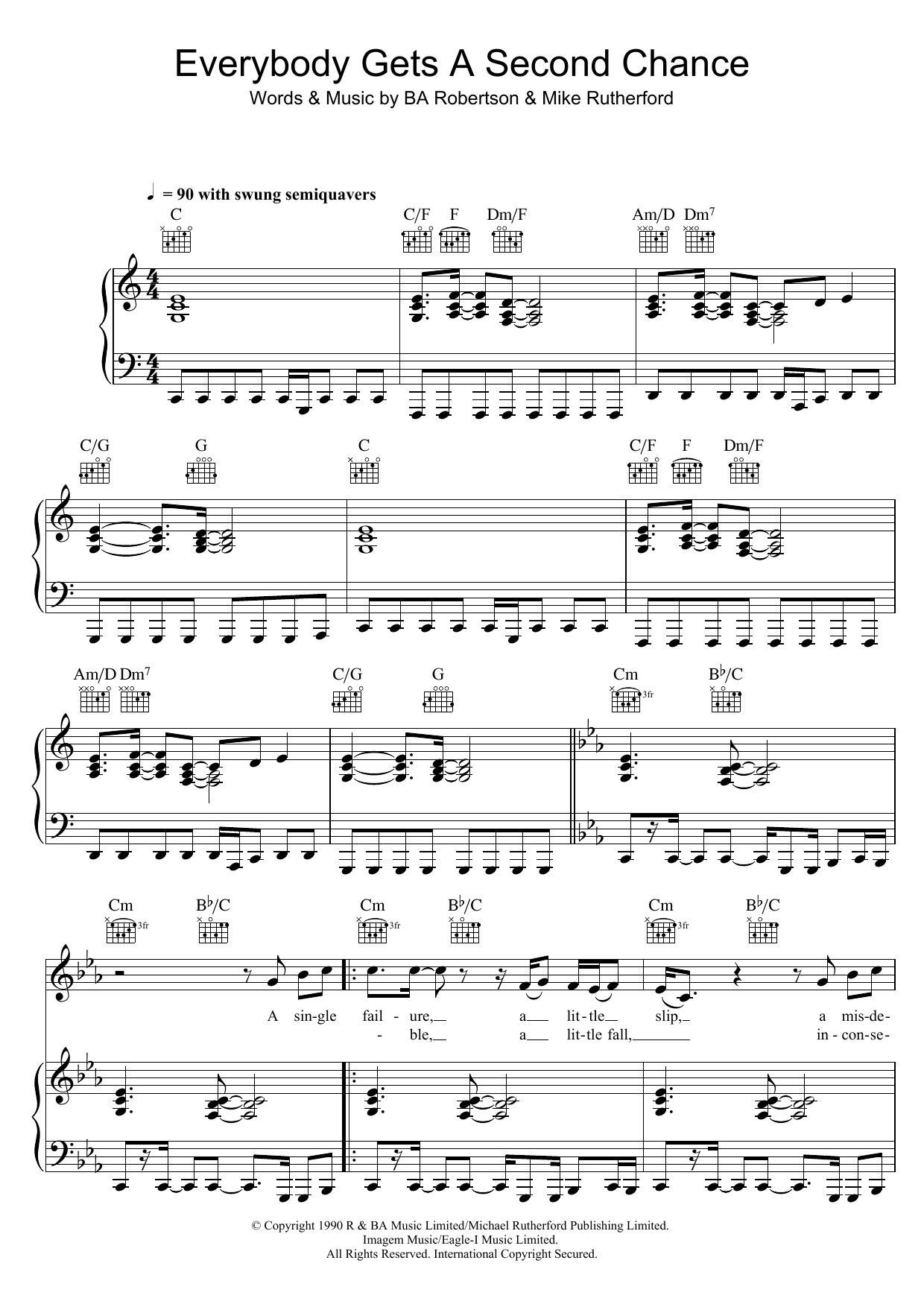 Mike and The Mechanics Everybody Gets A Second Chance sheet music notes and chords arranged for Piano, Vocal & Guitar Chords